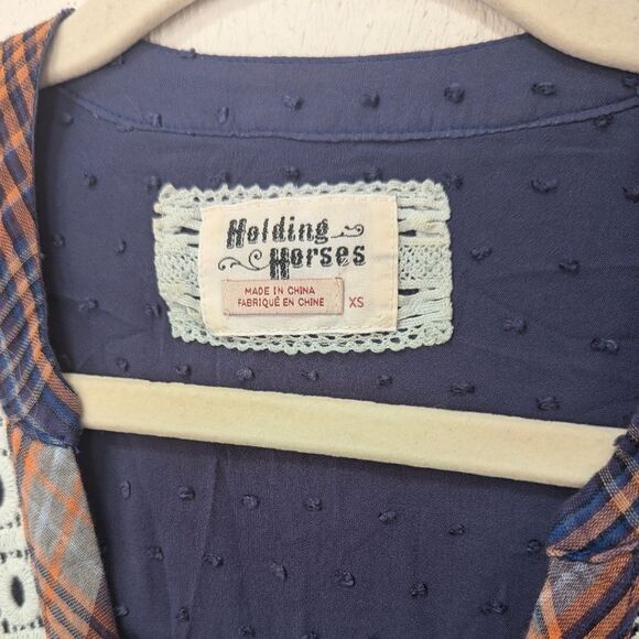 Holding Horses Anthropologie Navy & Orange Plaid Lace Trim High Low Dress XS - Picture 2 of 8